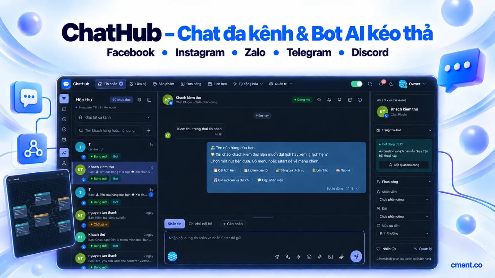 Tạo website quản lý chat đa kênh & tạo bot kéo thả với AI